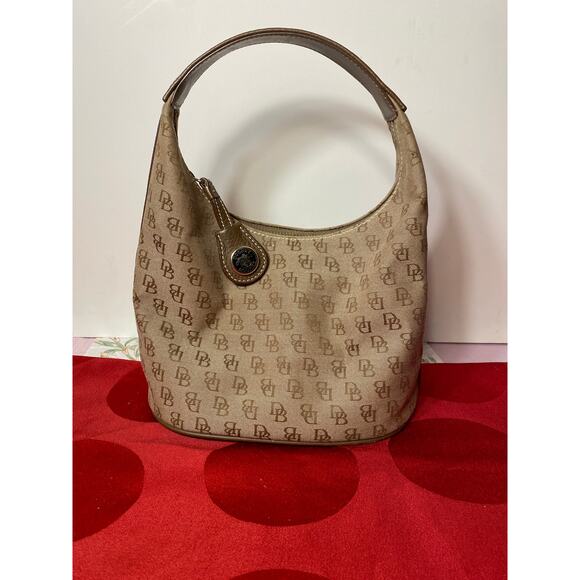 Dooney & Bourke Tan Brown Logo Print Mini Bucket Bag Purse 6x8 in Zipper fob EUC - Picture 1 of 15
